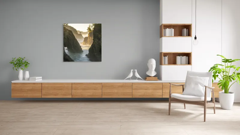 Tablou Canvas, "Misterul stâncilor învăluite de ceață", Mare, Stânci, Pădure, Ceață, Apus, Lumină, Valuri, Natură, Serene, Peisaj, 100 x 100 cm – poza 8