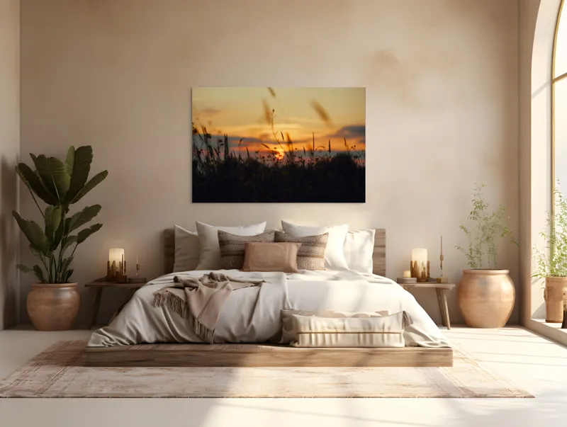 Tablou Canvas, "Apus de soare peste câmpie liniștită", Apus, Câmp, Siluetă, Cer, Iarbă, Floare, Lumină, Calm, Natură, Horizon, 150 x 100 cm – poza 4