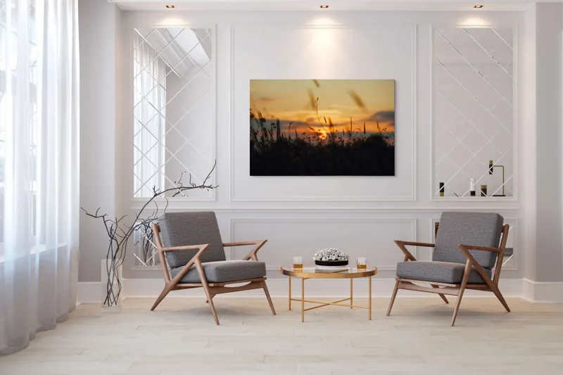 Tablou Canvas, "Apus de soare peste câmpie liniștită", Apus, Câmp, Siluetă, Cer, Iarbă, Floare, Lumină, Calm, Natură, Horizon, 150 x 100 cm – poza 7