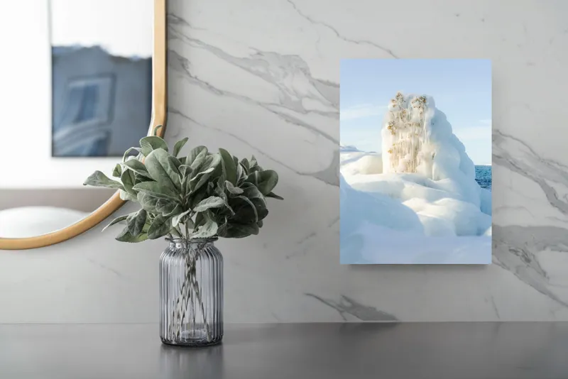 Tablou Canvas, "Gheața naturii îmbrățișând copacii aurii", Gheață, Înghețare, Apă, Natură, Frumusețe, Albastru, Iarnă, Mări, Îngheț, Sculptură, Claritate, Lumină, Vegetație, Aurie, Contrast, 26 x 39 cm – poza 4
