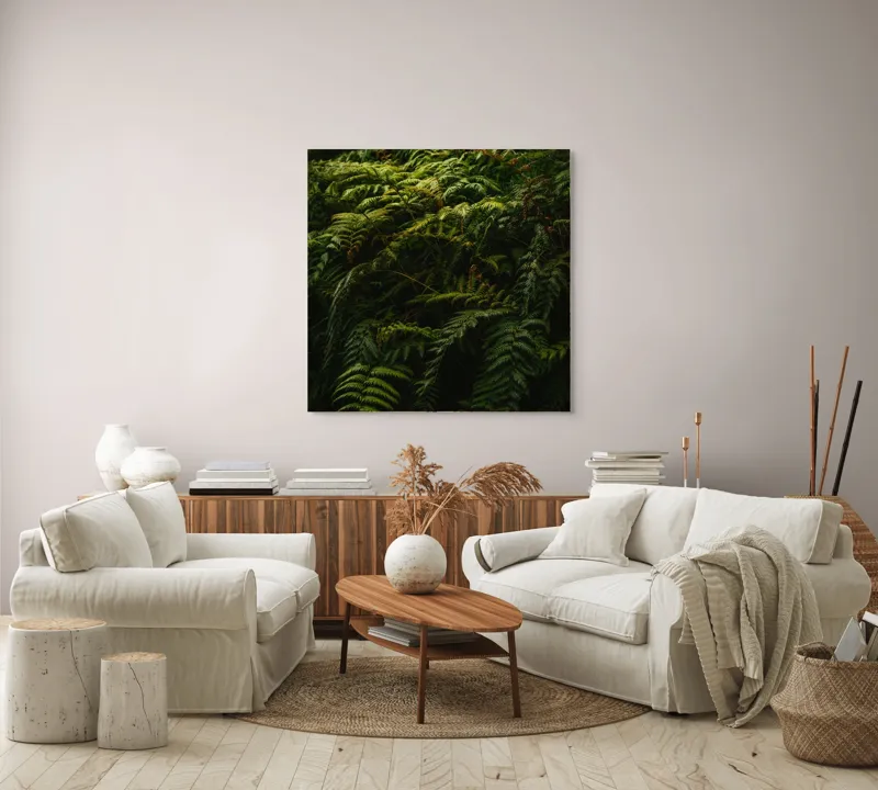 Tablou Canvas, "Frunzișul unei păduri sălbatice", Frunze, Ferigi, Verde, Umbre, Natură, Vegetație, Densitate, Lumină, Frunziș, 100 x 100 cm – poza 3