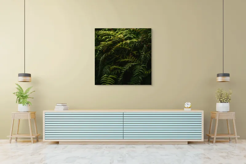 Tablou Canvas, "Frunzișul unei păduri sălbatice", Frunze, Ferigi, Verde, Umbre, Natură, Vegetație, Densitate, Lumină, Frunziș, 100 x 100 cm – poza 5