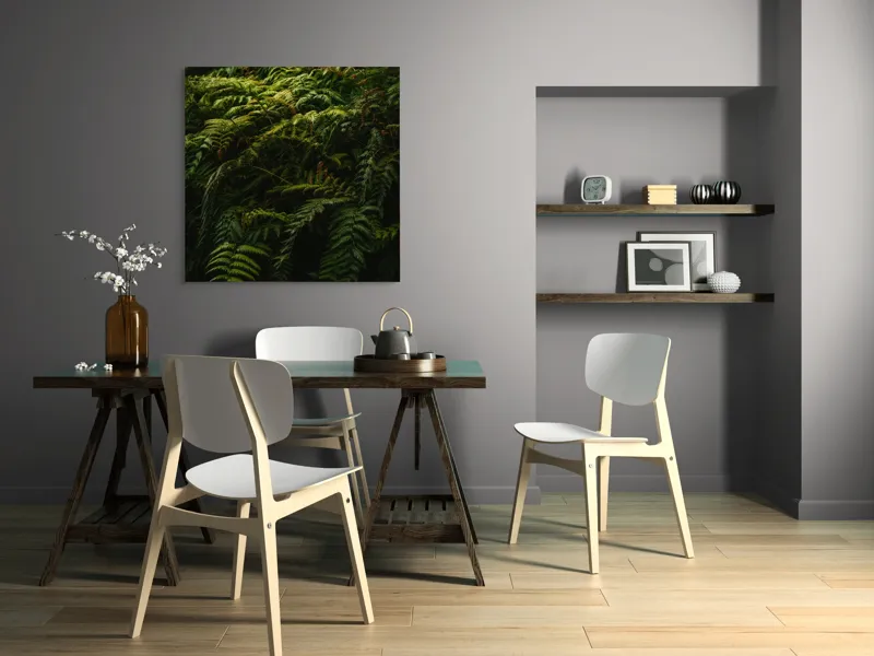 Tablou Canvas, "Frunzișul unei păduri sălbatice", Frunze, Ferigi, Verde, Umbre, Natură, Vegetație, Densitate, Lumină, Frunziș, 100 x 100 cm – poza 6