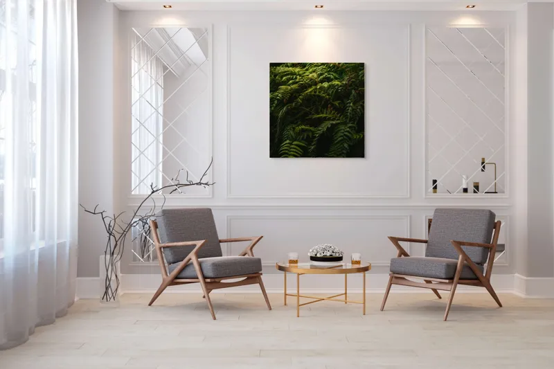 Tablou Canvas, "Frunzișul unei păduri sălbatice", Frunze, Ferigi, Verde, Umbre, Natură, Vegetație, Densitate, Lumină, Frunziș, 100 x 100 cm – poza 7