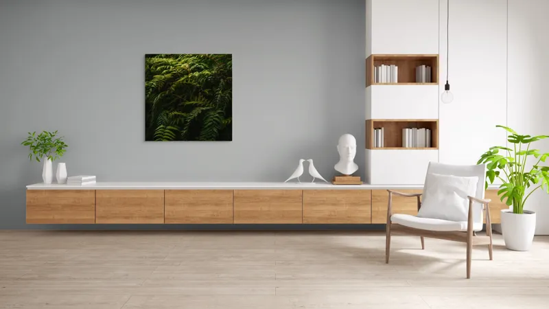 Tablou Canvas, "Frunzișul unei păduri sălbatice", Frunze, Ferigi, Verde, Umbre, Natură, Vegetație, Densitate, Lumină, Frunziș, 100 x 100 cm – poza 8