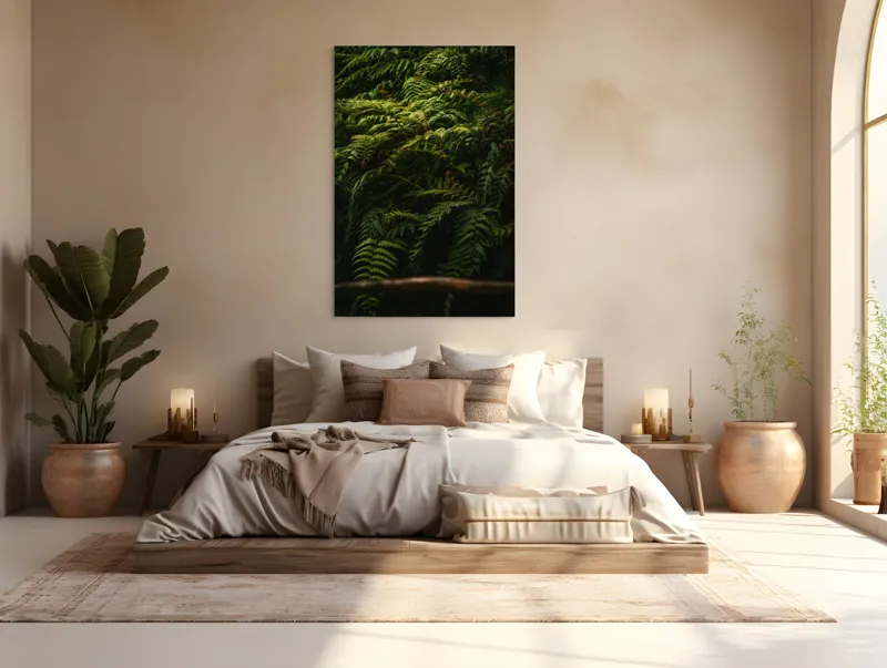 Tablou Canvas, "Frunzișul unei păduri sălbatice", Frunze, Ferigi, Verde, Umbre, Natură, Vegetație, Densitate, Lumină, Frunziș, 100 x 150 cm – poza 3