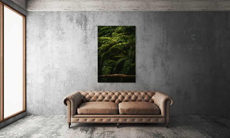 Tablou Canvas, "Frunzișul unei păduri sălbatice", Frunze, Ferigi, Verde, Umbre, Natură, Vegetație, Densitate, Lumină, Frunziș, 100 x 150 cm – poza 6