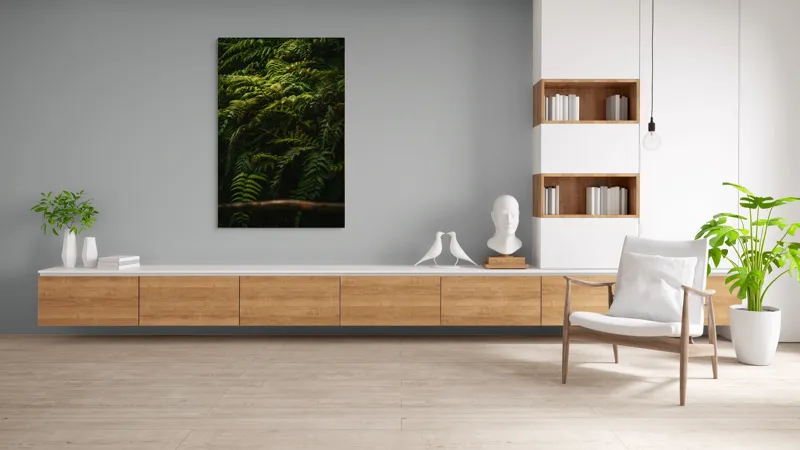 Tablou Canvas, "Frunzișul unei păduri sălbatice", Frunze, Ferigi, Verde, Umbre, Natură, Vegetație, Densitate, Lumină, Frunziș, 100 x 150 cm – poza 8