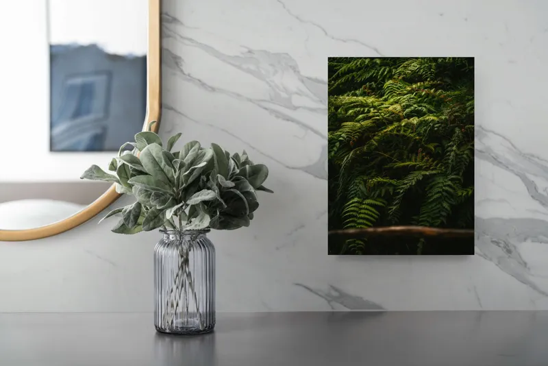 Tablou Canvas, "Frunzișul unei păduri sălbatice", Frunze, Ferigi, Verde, Umbre, Natură, Vegetație, Densitate, Lumină, Frunziș, 26 x 39 cm – poza 4