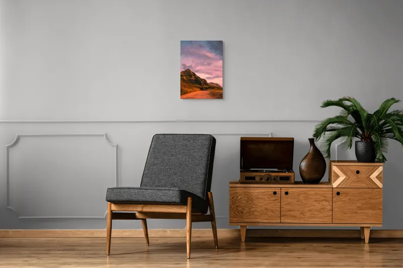 Tablou Canvas, "Drumul spre muntele liniștit ars de soare", Norii, Cerul, Muntele, Drumul, Iarba, Apusul, Peisajul, Culorile, Natura, 39 x 54 cm – poza 8