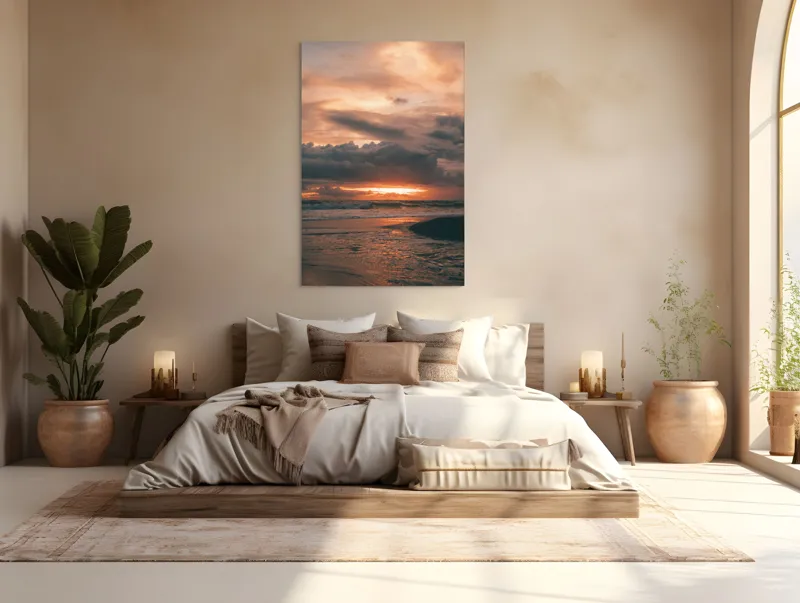 Tablou Canvas, "Apus de soare peste ocean liniștit", Apus, Nori, Valuri, Reflecție, Cer, Ocean, Aur, Întunecat, 100 x 150 cm – poza 3