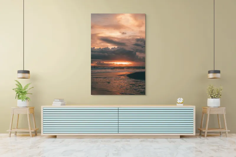 Tablou Canvas, "Apus de soare peste ocean liniștit", Apus, Nori, Valuri, Reflecție, Cer, Ocean, Aur, Întunecat, 100 x 150 cm – poza 4