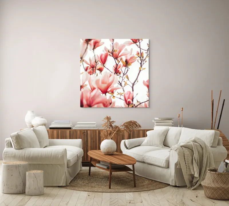 Tablou Canvas, "Floare de magnolie în primăvară", Flori, Magnolii, Roz, Ramuri, Primăvară, Delicat, Natură, Frumusețe, Cer, Petale, 100 x 100 cm – poza 3