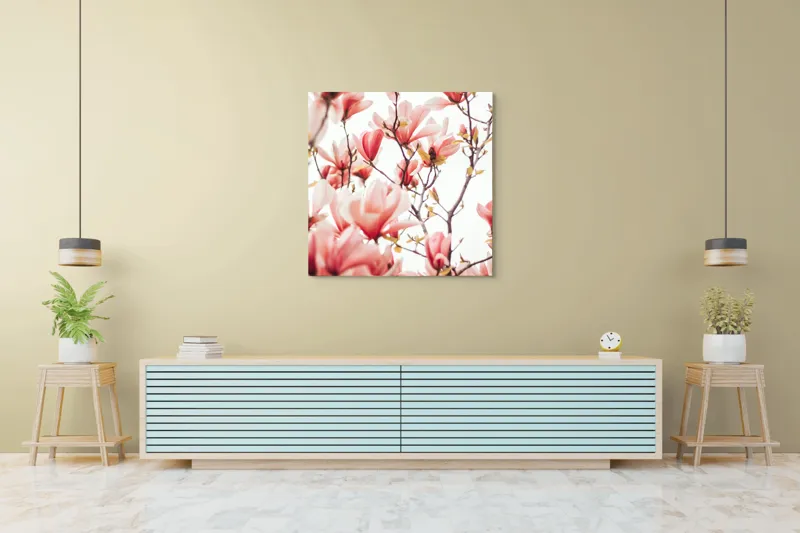 Tablou Canvas, "Floare de magnolie în primăvară", Flori, Magnolii, Roz, Ramuri, Primăvară, Delicat, Natură, Frumusețe, Cer, Petale, 100 x 100 cm – poza 5