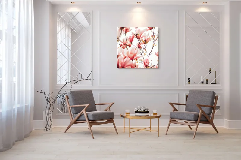 Tablou Canvas, "Floare de magnolie în primăvară", Flori, Magnolii, Roz, Ramuri, Primăvară, Delicat, Natură, Frumusețe, Cer, Petale, 100 x 100 cm – poza 7