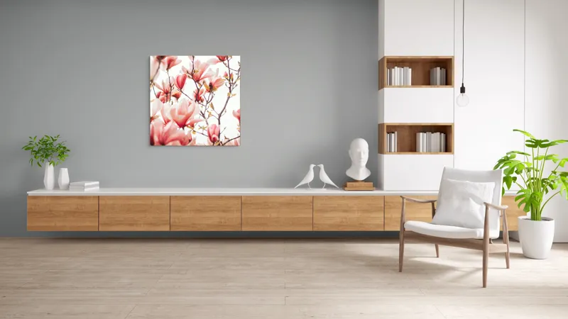 Tablou Canvas, "Floare de magnolie în primăvară", Flori, Magnolii, Roz, Ramuri, Primăvară, Delicat, Natură, Frumusețe, Cer, Petale, 100 x 100 cm – poza 8