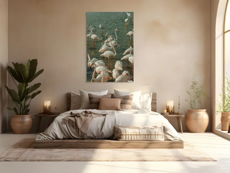 Tablou Canvas, "Flamingo în liniștea apelor verzi", Flamingo, Apei, Grazioase, Roz, Plutind, Reflexie, Serenitate, Natură, Senzuale, Armonioase, 100 x 150 cm – poza 3