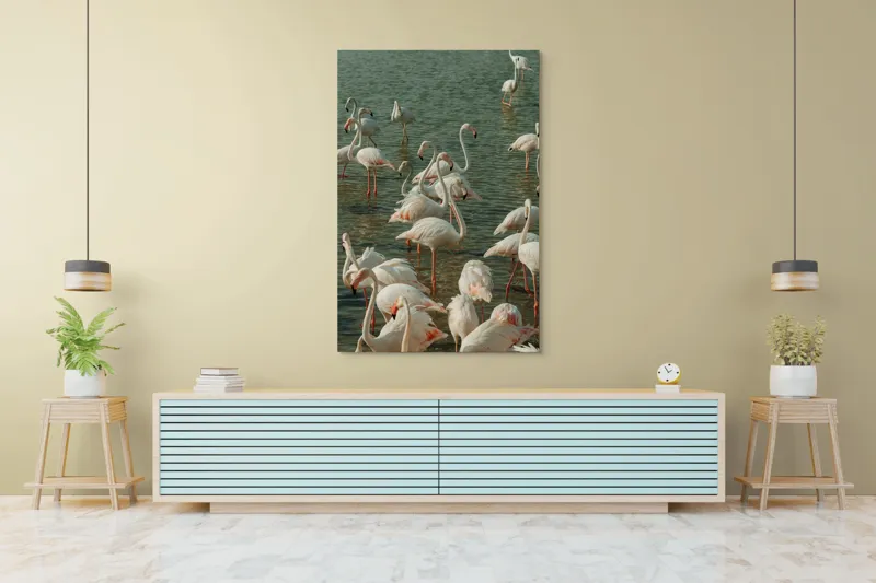 Tablou Canvas, "Flamingo în liniștea apelor verzi", Flamingo, Apei, Grazioase, Roz, Plutind, Reflexie, Serenitate, Natură, Senzuale, Armonioase, 100 x 150 cm – poza 4