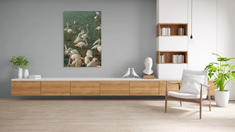 Tablou Canvas, "Flamingo în liniștea apelor verzi", Flamingo, Apei, Grazioase, Roz, Plutind, Reflexie, Serenitate, Natură, Senzuale, Armonioase, 100 x 150 cm – poza 8
