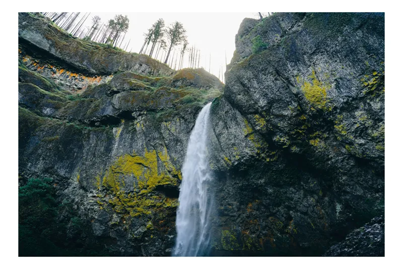 Tablou Canvas, "Cascada în pădurea înaltă de munte", Cascadă, Stânci, Mușchi, Pădure, Lumină, Cădere, Natură, Înalt, Verde, Pitoresc, 100 x 100 cm