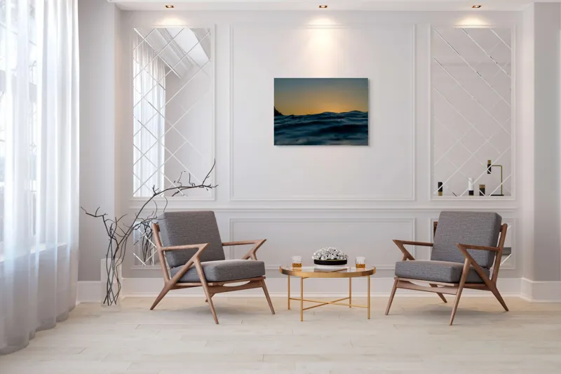 Tablou Canvas, "Amurg peste valurile mării albastre", Apus, Ocean, Valuri, Siluete, Liniște, 100 x 70 cm – poza 5