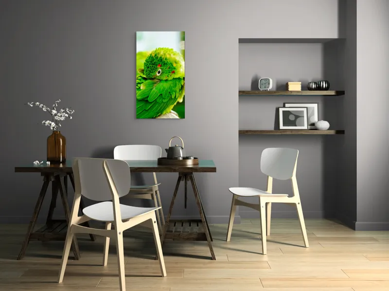 Tablou Canvas, "Papagalul verde printre frunze vii", Verde, Papagal, Colorat, Penaj, Exotism, Natură, Frumusețe, Pene, Pasăre, Viu., 50 x 90 cm – poza 4
