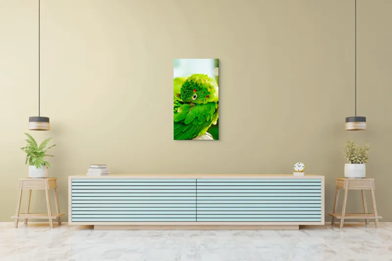Tablou Canvas, "Papagalul verde printre frunze vii", Verde, Papagal, Colorat, Penaj, Exotism, Natură, Frumusețe, Pene, Pasăre, Viu., 50 x 90 cm – poza 6