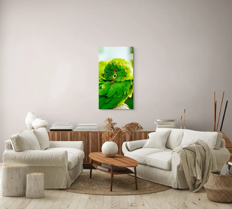 Tablou Canvas, "Papagalul verde printre frunze vii", Verde, Papagal, Colorat, Penaj, Exotism, Natură, Frumusețe, Pene, Pasăre, Viu., 50 x 90 cm – poza 7