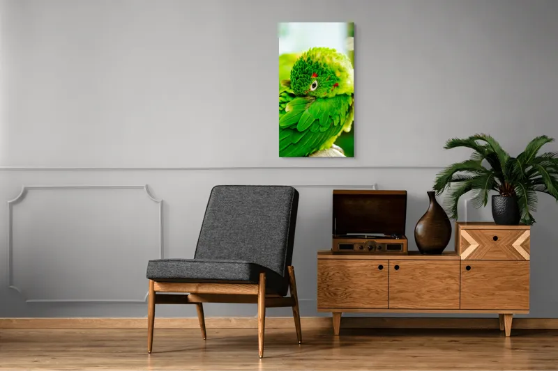 Tablou Canvas, "Papagalul verde printre frunze vii", Verde, Papagal, Colorat, Penaj, Exotism, Natură, Frumusețe, Pene, Pasăre, Viu., 50 x 90 cm – poza 8
