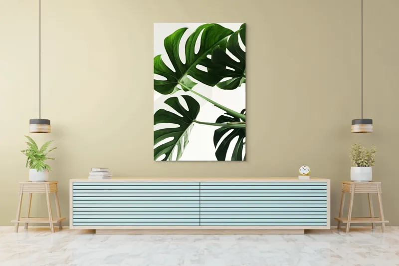 Tablou Canvas, "Frunzele verzi ale monstei uriașe", Verde, Frunze, Monstera, Lumină, Forme, Naturale, Textură, Frumusețe, 100 x 150 cm – poza 4