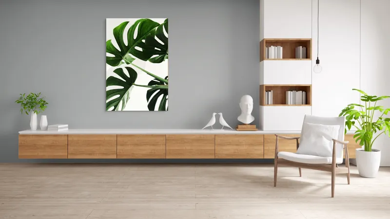Tablou Canvas, "Frunzele verzi ale monstei uriașe", Verde, Frunze, Monstera, Lumină, Forme, Naturale, Textură, Frumusețe, 100 x 150 cm – poza 8