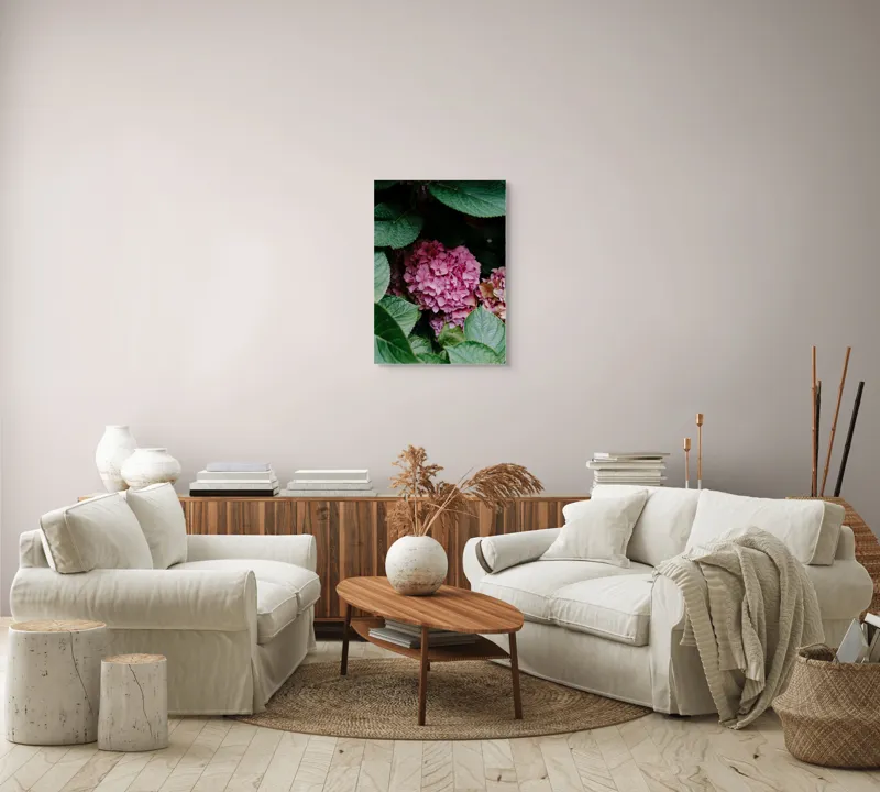 Tablou Canvas, "Hortensii roz printre frunze verzi", Flori, Roz, Frunze, Verde, Natură, Delicat, Grădină, Elegant, Contrast, Frumusețe, 50 x 70 cm – poza 4