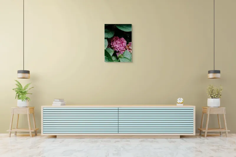 Tablou Canvas, "Hortensii roz printre frunze verzi", Flori, Roz, Frunze, Verde, Natură, Delicat, Grădină, Elegant, Contrast, Frumusețe, 50 x 70 cm – poza 6