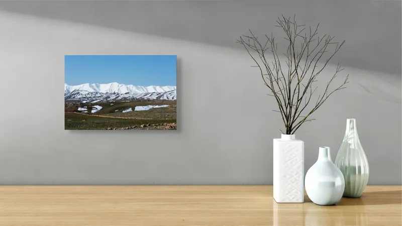 Tablou Canvas, "Munți acoperiți de zăpadă sub cer senin", Munți, Zăpadă, Cer, Peisaj, Natură, Verdeață, Întinderi, Frumusețe, 39 x 26 cm – poza 8