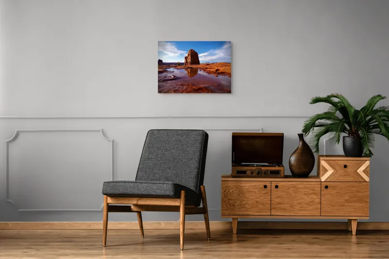 Tablou Canvas, "Oglindirea stâncii în apă cristalina", Pietre, Reflecție, Norii, Cerul, Peisaj, Sol, Natură, 70 x 50 cm – poza 4