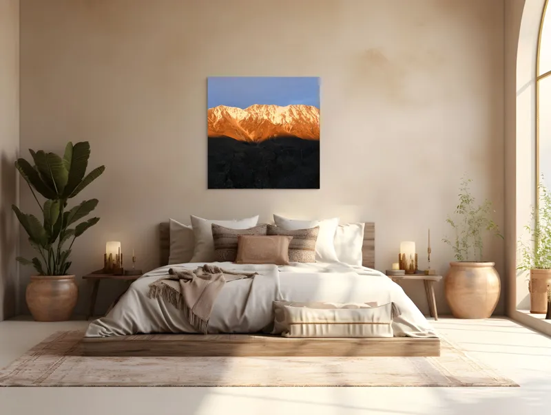 Tablou Canvas, "Munții aurii sub lumina apusului", Munte, Lumină, Apus, Zăpadă, Peisaj, Umbre, Culoare, Natură, 100 x 100 cm – poza 4