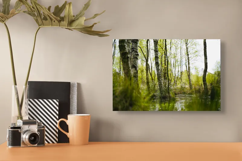 Tablou Canvas, "Peisaj de primăvară în pădurea mlăștinoasă", Lemn, Apă, Iarbă, Copaci, Verdeață, Natură, Lumină, Reflecție, Primăvară, Tranquilitate, 39 x 26 cm – poza 3