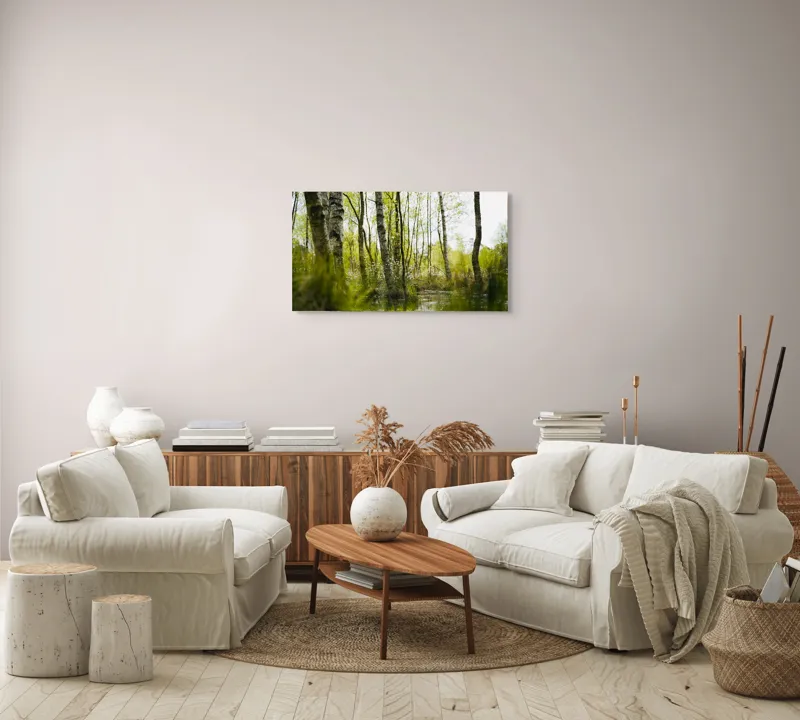 Tablou Canvas, "Peisaj de primăvară în pădurea mlăștinoasă", Lemn, Apă, Iarbă, Copaci, Verdeață, Natură, Lumină, Reflecție, Primăvară, Tranquilitate, 90 x 50 cm – poza 4