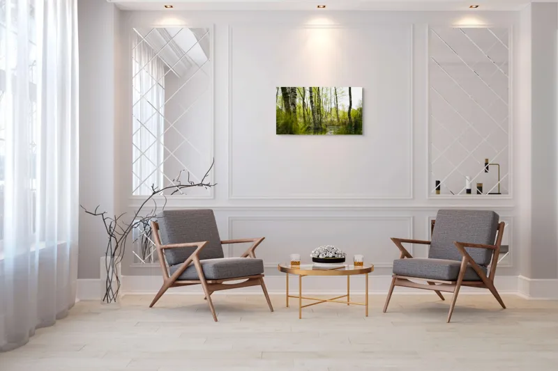 Tablou Canvas, "Peisaj de primăvară în pădurea mlăștinoasă", Lemn, Apă, Iarbă, Copaci, Verdeață, Natură, Lumină, Reflecție, Primăvară, Tranquilitate, 90 x 50 cm – poza 7