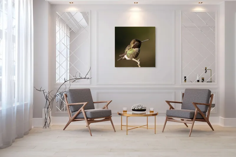 Tablou Canvas, "Colibri pe o creangă uscată", Pasăre, Ramură, Penaj, Verde, Natură, Delicatețe, Contrast, Frumusețe, Micime, 100 x 100 cm – poza 7