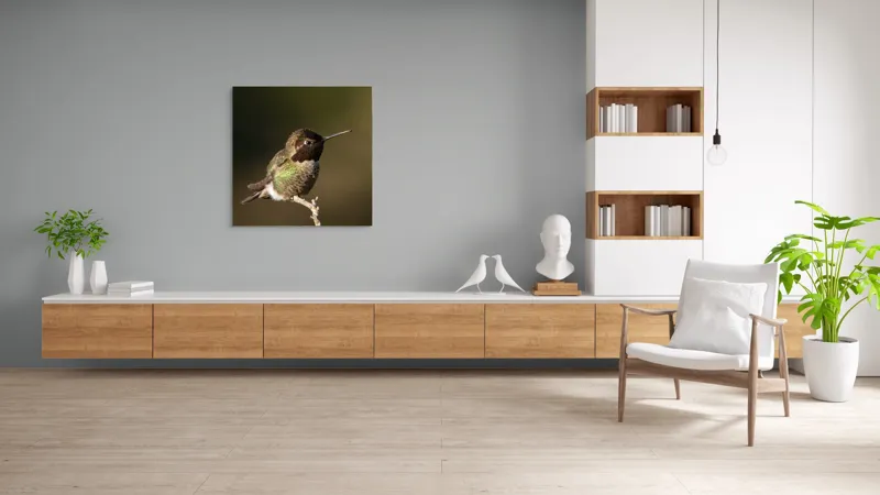 Tablou Canvas, "Colibri pe o creangă uscată", Pasăre, Ramură, Penaj, Verde, Natură, Delicatețe, Contrast, Frumusețe, Micime, 100 x 100 cm – poza 8