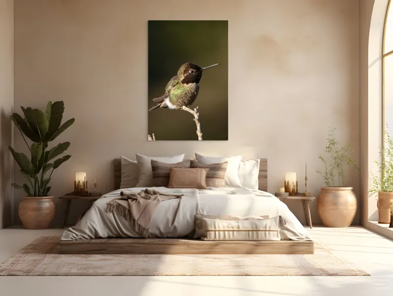 Tablou Canvas, "Colibri pe o creangă uscată", Pasăre, Ramură, Penaj, Verde, Natură, Delicatețe, Contrast, Frumusețe, Micime, 100 x 150 cm – poza 3