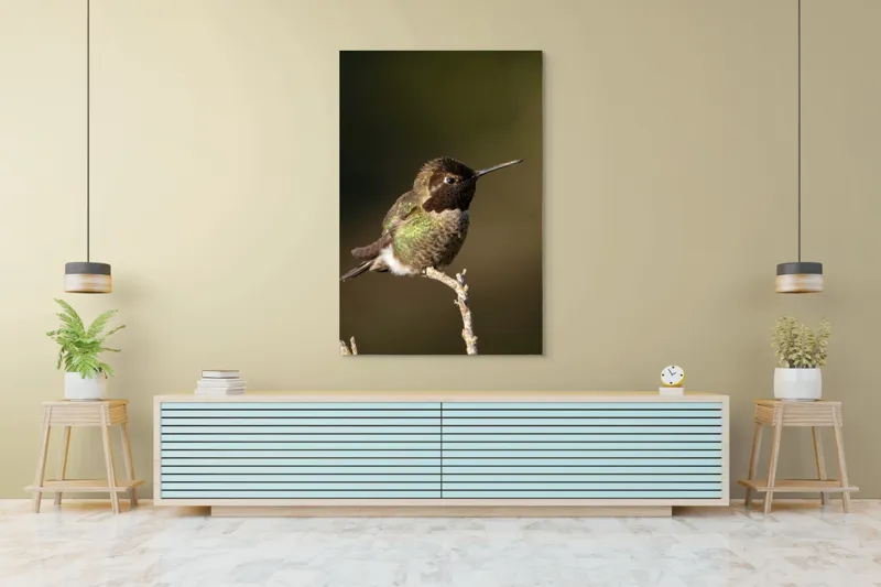 Tablou Canvas, "Colibri pe o creangă uscată", Pasăre, Ramură, Penaj, Verde, Natură, Delicatețe, Contrast, Frumusețe, Micime, 100 x 150 cm – poza 4