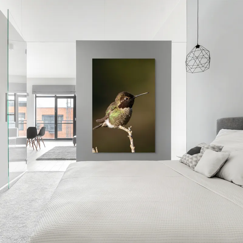 Tablou Canvas, "Colibri pe o creangă uscată", Pasăre, Ramură, Penaj, Verde, Natură, Delicatețe, Contrast, Frumusețe, Micime, 100 x 150 cm – poza 5
