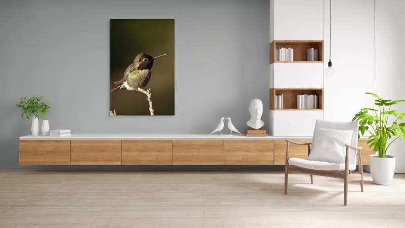 Tablou Canvas, "Colibri pe o creangă uscată", Pasăre, Ramură, Penaj, Verde, Natură, Delicatețe, Contrast, Frumusețe, Micime, 100 x 150 cm – poza 8