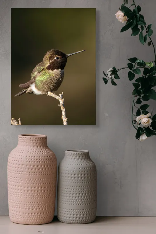 Tablou Canvas, "Colibri pe o creangă uscată", Pasăre, Ramură, Penaj, Verde, Natură, Delicatețe, Contrast, Frumusețe, Micime, 39 x 54 cm – poza 6