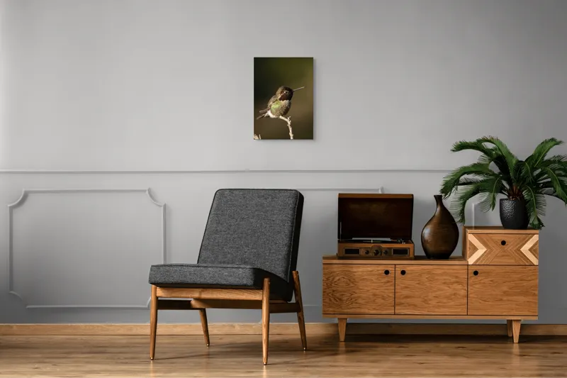 Tablou Canvas, "Colibri pe o creangă uscată", Pasăre, Ramură, Penaj, Verde, Natură, Delicatețe, Contrast, Frumusețe, Micime, 39 x 54 cm – poza 8