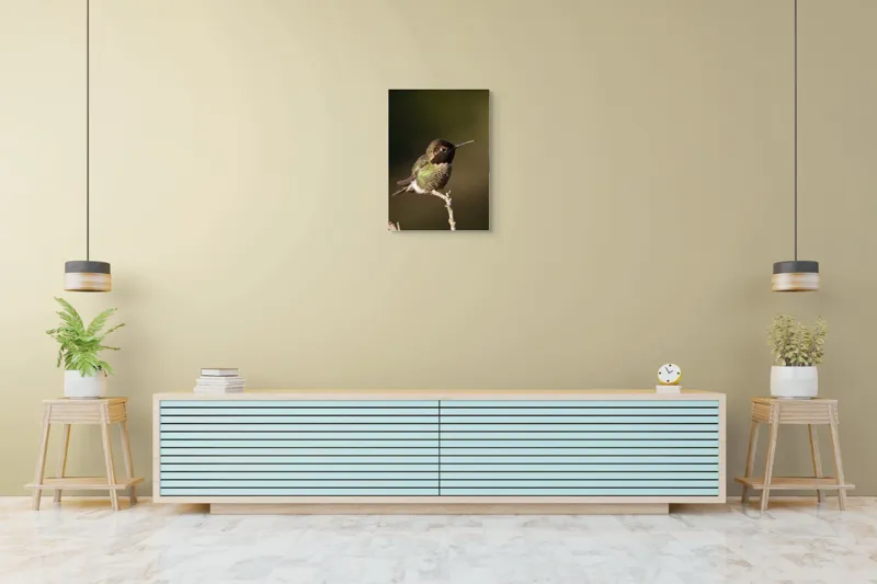 Tablou Canvas, "Colibri pe o creangă uscată", Pasăre, Ramură, Penaj, Verde, Natură, Delicatețe, Contrast, Frumusețe, Micime, 50 x 70 cm – poza 6