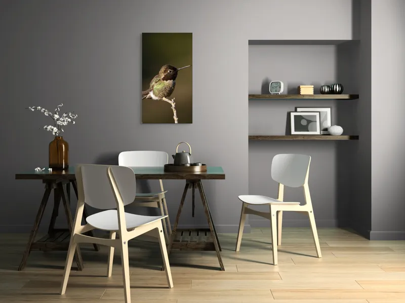 Tablou Canvas, "Colibri pe o creangă uscată", Pasăre, Ramură, Penaj, Verde, Natură, Delicatețe, Contrast, Frumusețe, Micime, 50 x 90 cm – poza 4