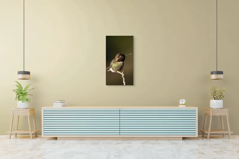 Tablou Canvas, "Colibri pe o creangă uscată", Pasăre, Ramură, Penaj, Verde, Natură, Delicatețe, Contrast, Frumusețe, Micime, 50 x 90 cm – poza 6